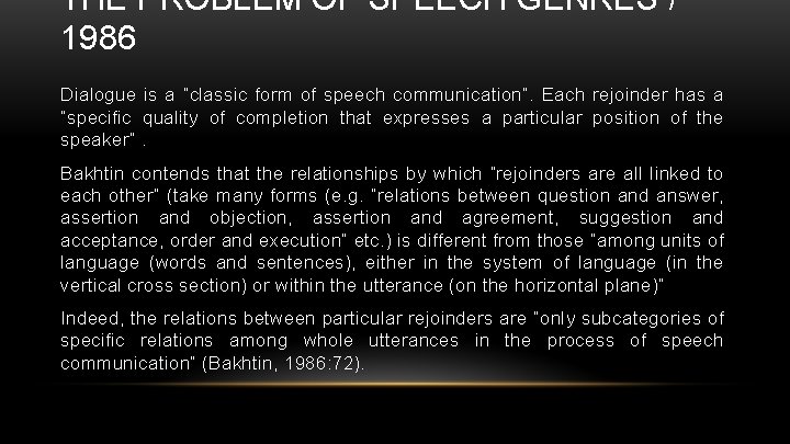THE PROBLEM OF SPEECH GENRES / 1986 Dialogue is a “classic form of speech