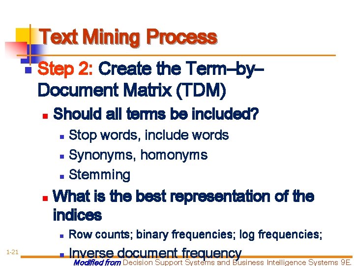 Text Mining Process n Step 2: Create the Term–by– Document Matrix (TDM) n Should