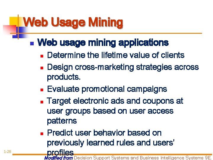 Web Usage Mining n Web usage mining applications Determine the lifetime value of clients Web Usage Mining n Web usage mining applications Determine the lifetime value of clients