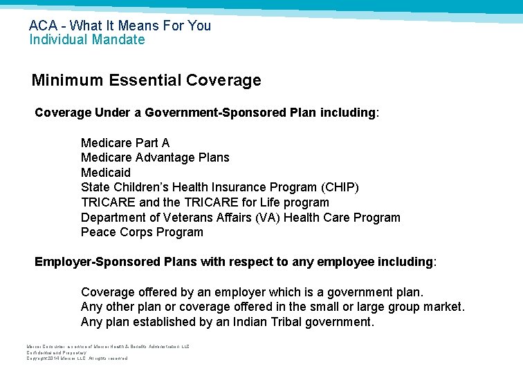 ACA What It Means For You Individual Mandate Minimum Essential Coverage Under a Government-Sponsored