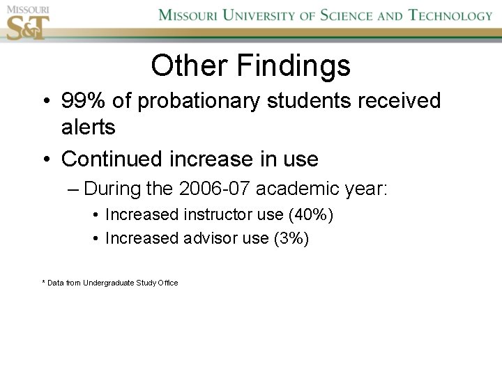 Other Findings • 99% of probationary students received alerts • Continued increase in use