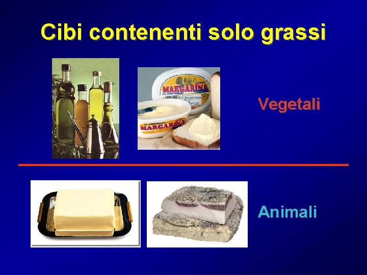 Cibi contenenti solo grassi Vegetali Animali 