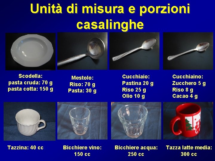 Unità di misura e porzioni casalinghe Scodella: pasta cruda: 70 g pasta cotta: 150