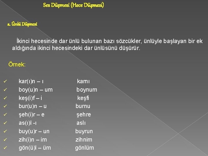 Ses Düşmesi (Hece Düşmesi) a. Ünlü Düşmesi İkinci hecesinde dar ünlü bulunan bazı sözcükler,