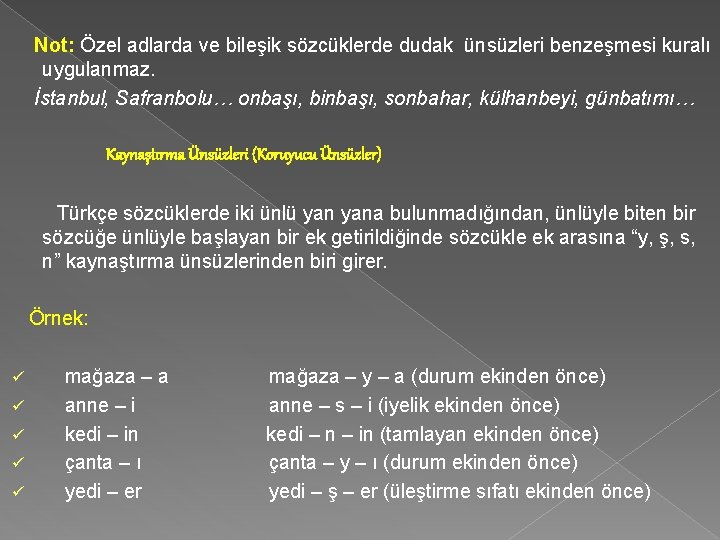  Not: Özel adlarda ve bileşik sözcüklerde dudak ünsüzleri benzeşmesi kuralı uygulanmaz. İstanbul, Safranbolu…