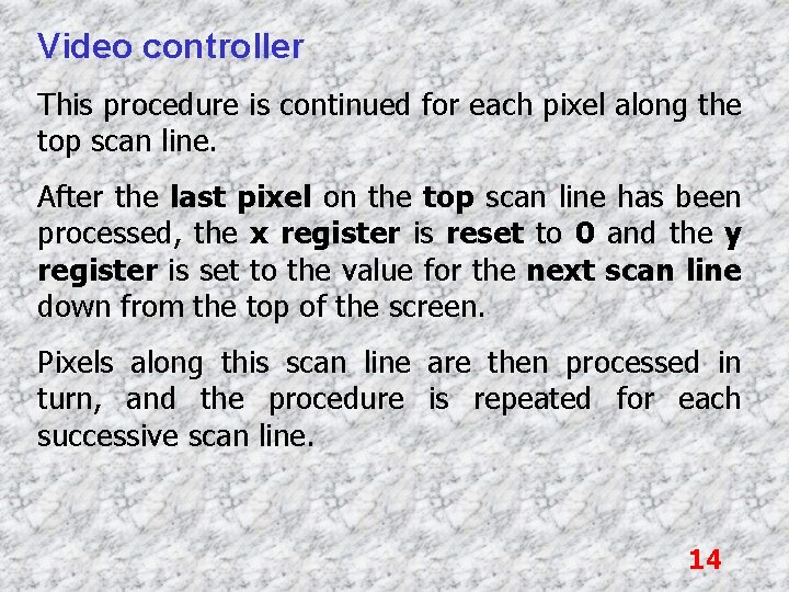Video controller This procedure is continued for each pixel along the top scan line.