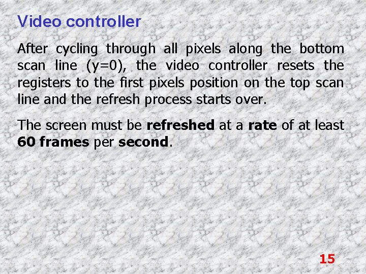 Video controller After cycling through all pixels along the bottom scan line (y=0), the
