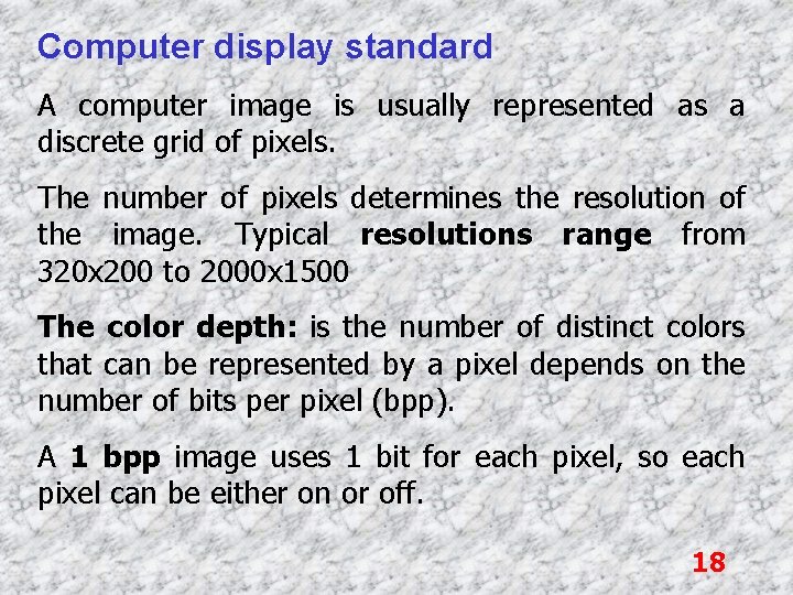 Computer display standard A computer image is usually represented as a discrete grid of