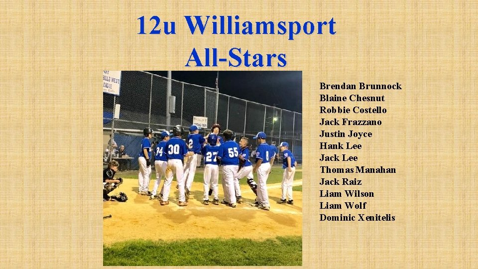 12 u Williamsport All-Stars Brendan Brunnock Blaine Chesnut Robbie Costello Jack Frazzano Justin Joyce
