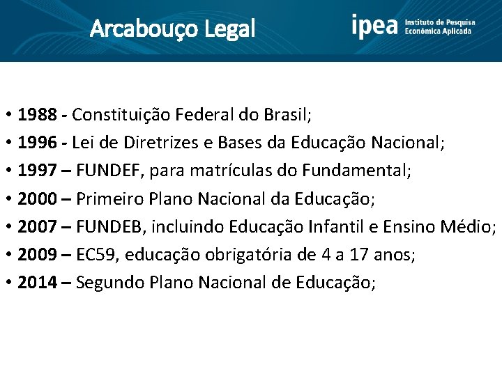 Arcabouço Legal • 1988 - Constituição Federal do Brasil; • 1996 - Lei de