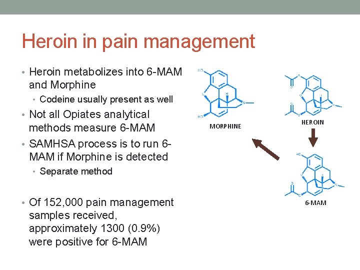 Heroin in pain management • Heroin metabolizes into 6 -MAM and Morphine • Codeine