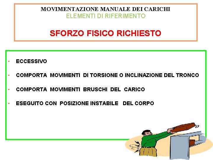 MOVIMENTAZIONE MANUALE DEI CARICHI ELEMENTI DI RIFERIMENTO SFORZO FISICO RICHIESTO • ECCESSIVO • COMPORTA