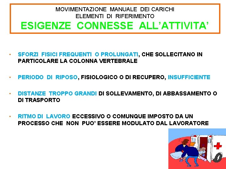 MOVIMENTAZIONE MANUALE DEI CARICHI ELEMENTI DI RIFERIMENTO ESIGENZE CONNESSE ALL’ATTIVITA’ • SFORZI FISICI FREQUENTI