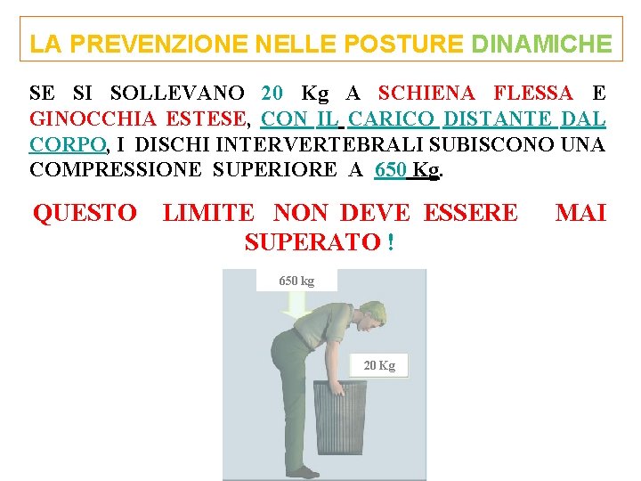 LA PREVENZIONE NELLE POSTURE DINAMICHE SE SI SOLLEVANO 20 Kg A SCHIENA FLESSA E