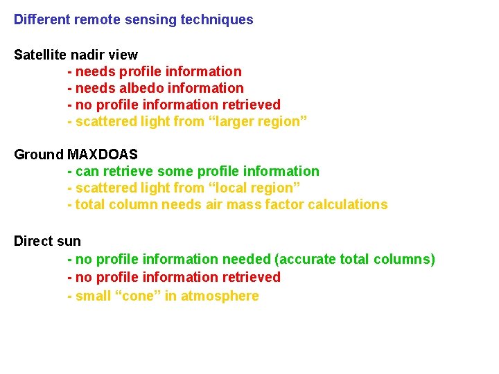 Different remote sensing techniques Satellite nadir view - needs profile information - needs albedo