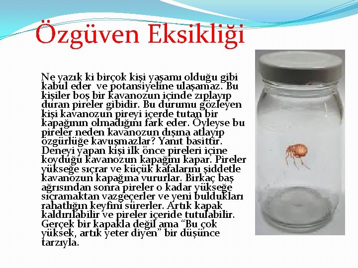  Özgüven Eksikliği Ne yazık ki birçok kişi yaşamı olduğu gibi kabul eder ve