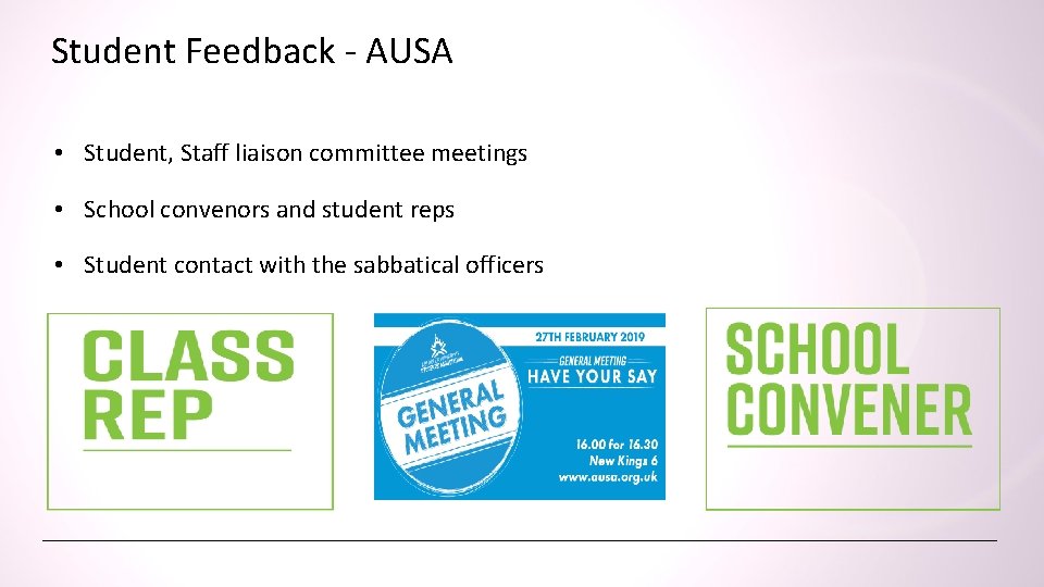 Student Feedback - AUSA • Student, Staff liaison committee meetings • School convenors and