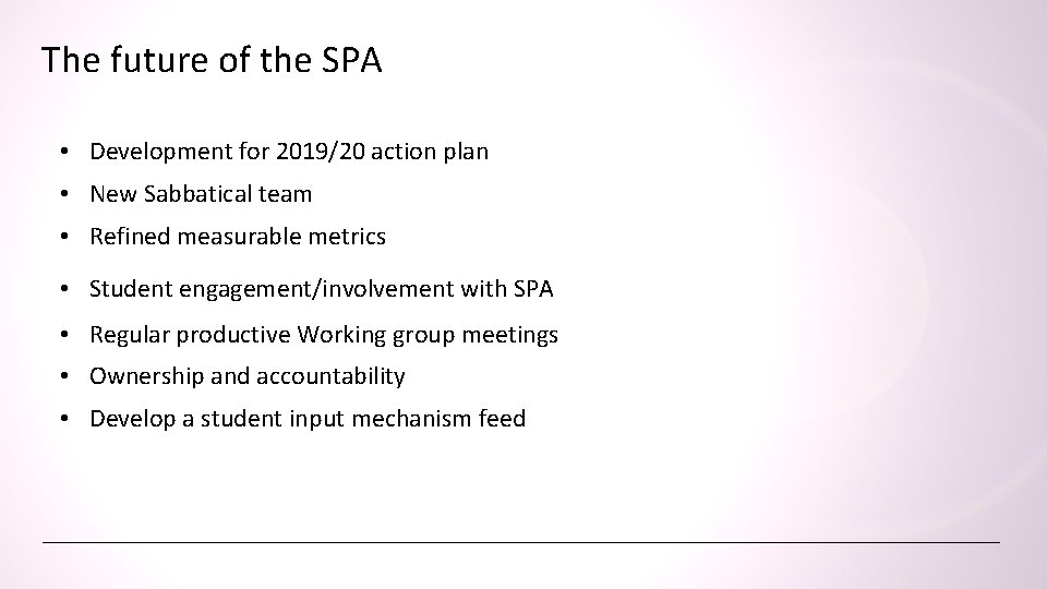 The future of the SPA • Development for 2019/20 action plan • New Sabbatical