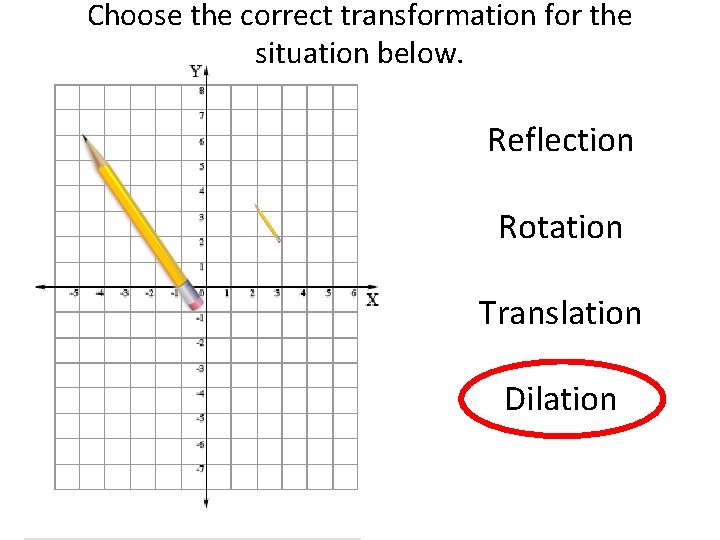 Choose the correct transformation for the situation below. Reflection Rotation Translation Dilation  Choose the correct transformation for the situation below. Reflection Rotation Translation Dilation