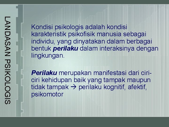 LANDASAN PSIKOLOGIS Kondisi psikologis adalah kondisi karakteristik psikofisik manusia sebagai individu, yang dinyatakan dalam