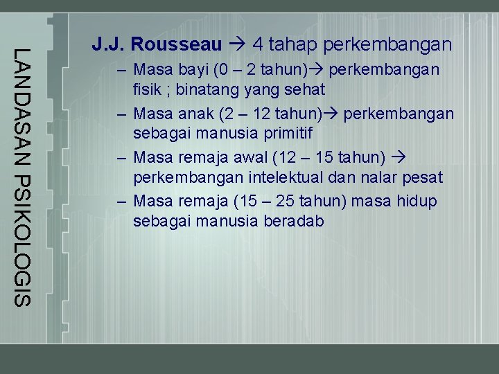 LANDASAN PSIKOLOGIS J. J. Rousseau 4 tahap perkembangan – Masa bayi (0 – 2