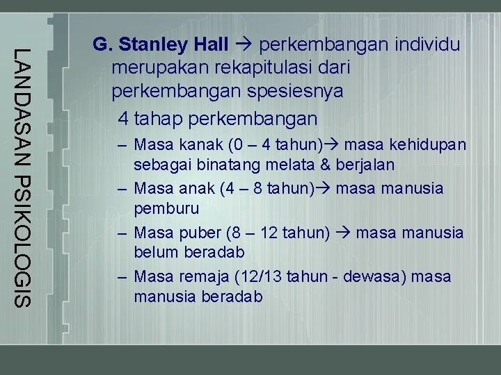 LANDASAN PSIKOLOGIS G. Stanley Hall perkembangan individu merupakan rekapitulasi dari perkembangan spesiesnya 4 tahap