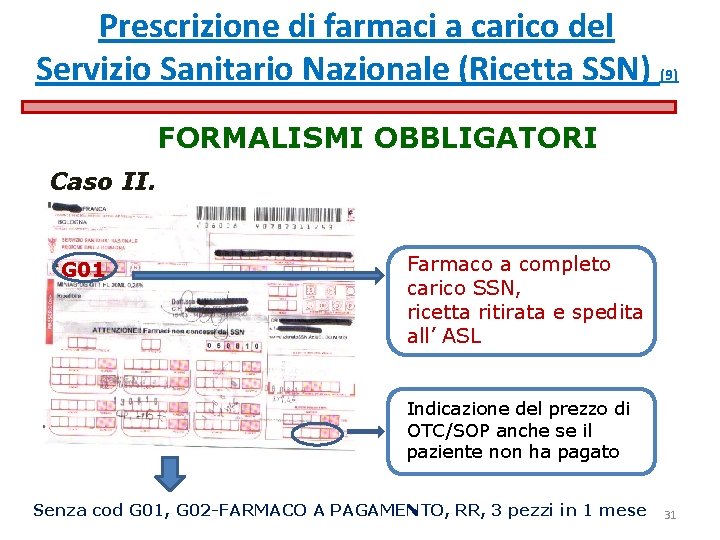 Prescrizione di farmaci a carico del Servizio Sanitario Nazionale (Ricetta SSN) (9) FORMALISMI OBBLIGATORI Prescrizione di farmaci a carico del Servizio Sanitario Nazionale (Ricetta SSN) (9) FORMALISMI OBBLIGATORI