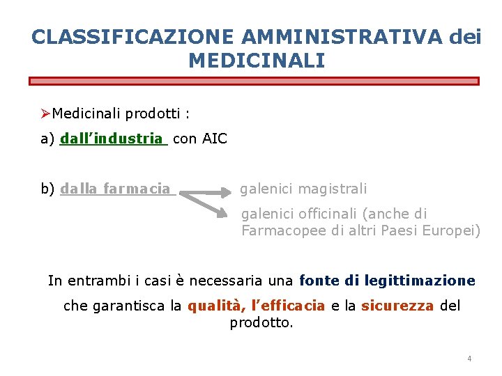 CLASSIFICAZIONE AMMINISTRATIVA dei MEDICINALI ØMedicinali prodotti : a) dall’industria con AIC b) dalla farmacia