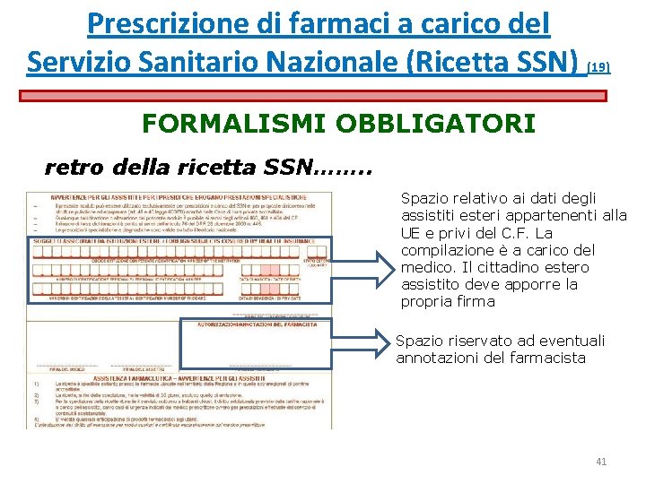 Prescrizione di farmaci a carico del Servizio Sanitario Nazionale (Ricetta SSN) (19) FORMALISMI OBBLIGATORI Prescrizione di farmaci a carico del Servizio Sanitario Nazionale (Ricetta SSN) (19) FORMALISMI OBBLIGATORI