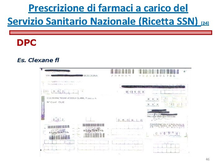 Prescrizione di farmaci a carico del Servizio Sanitario Nazionale (Ricetta SSN) (24) DPC Es. Prescrizione di farmaci a carico del Servizio Sanitario Nazionale (Ricetta SSN) (24) DPC Es.