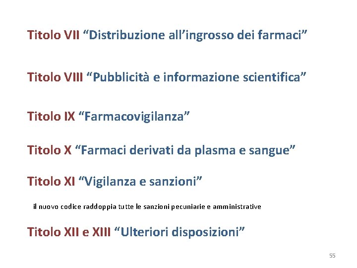 Titolo VII “Distribuzione all’ingrosso dei farmaci” Titolo VIII “Pubblicità e informazione scientifica” Titolo IX