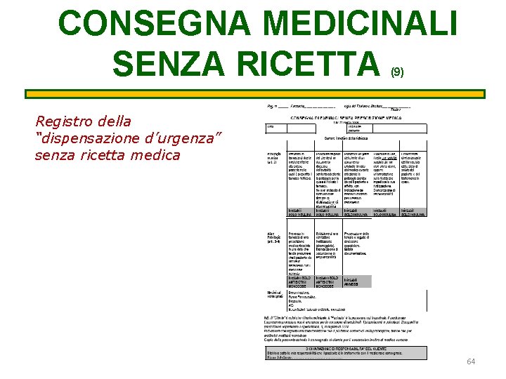 CONSEGNA MEDICINALI SENZA RICETTA (9) Registro della “dispensazione d’urgenza” senza ricetta medica 64 CONSEGNA MEDICINALI SENZA RICETTA (9) Registro della “dispensazione d’urgenza” senza ricetta medica 64