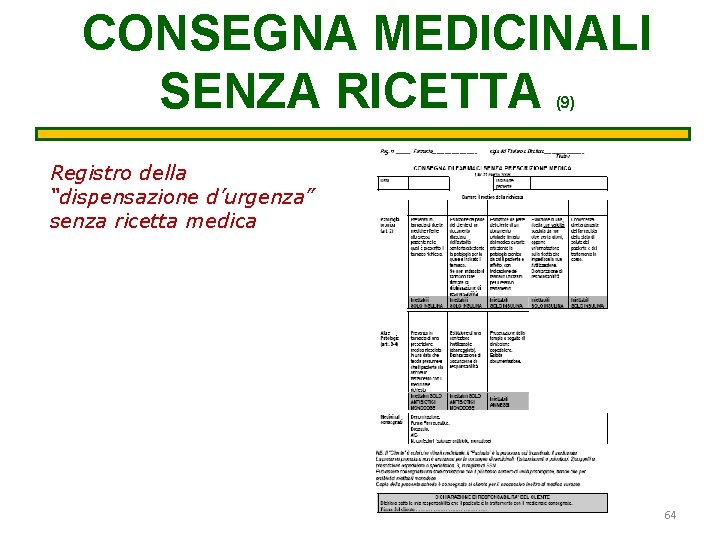 CONSEGNA MEDICINALI SENZA RICETTA (9) Registro della “dispensazione d’urgenza” senza ricetta medica 64 