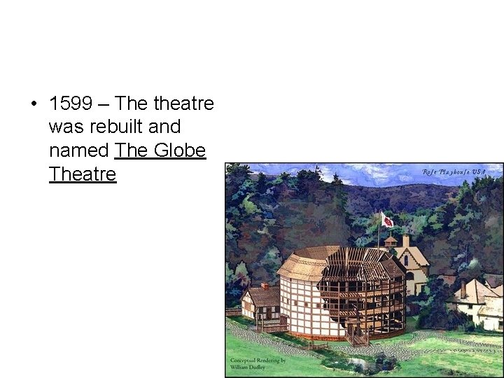  • 1599 – The theatre was rebuilt and named The Globe Theatre 