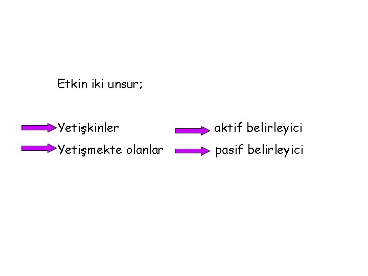 Etkin iki unsur; Yetişkinler aktif belirleyici Yetişmekte olanlar pasif belirleyici 