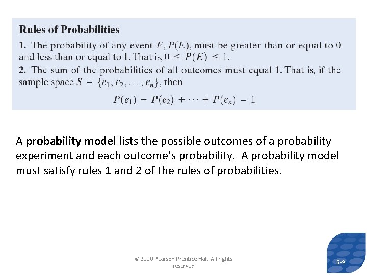 A probability model lists the possible outcomes of a probability experiment and each outcome’s