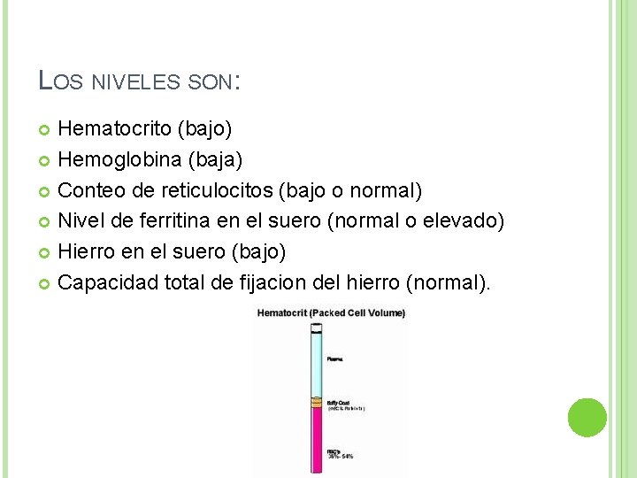 LOS NIVELES SON: Hematocrito (bajo) Hemoglobina (baja) Conteo de reticulocitos (bajo o normal) Nivel