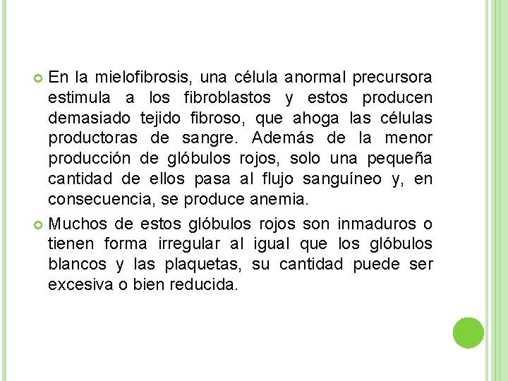 En la mielofibrosis, una célula anormal precursora estimula a los fibroblastos y estos producen