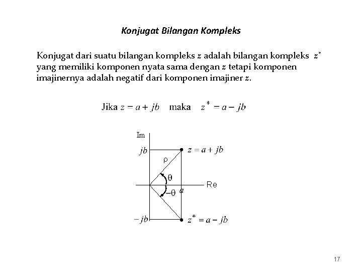 Konjugat Bilangan Kompleks Konjugat dari suatu bilangan kompleks z adalah bilangan kompleks z* yang