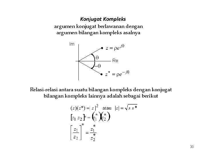 Konjugat Kompleks argumen konjugat berlawanan dengan argumen bilangan kompleks asalnya Im Re Relasi-relasi antara