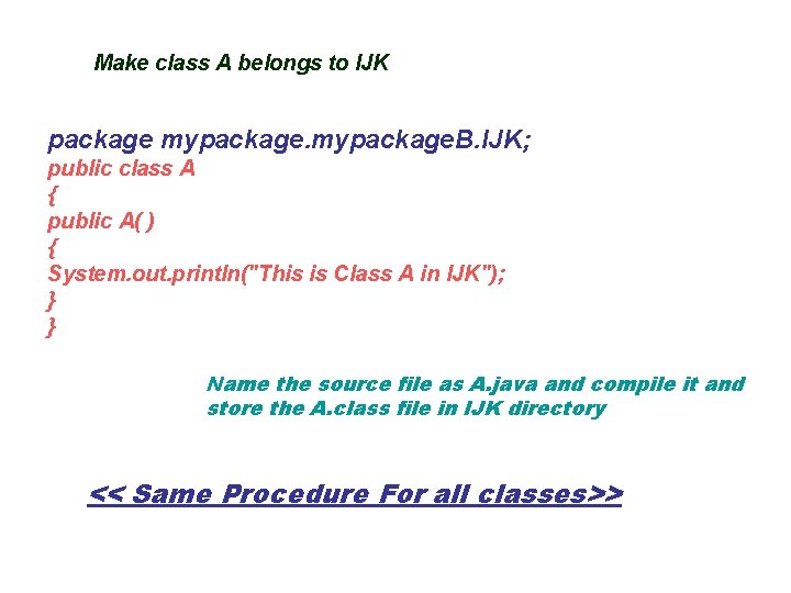 Make class A belongs to IJK package mypackage. B. IJK; public class A {