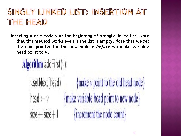 Inserting a new node v at the beginning of a singly linked list. Note