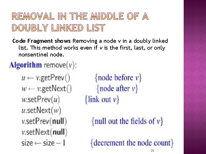 Code Fragment shows Removing a node v in a doubly linked list. This method