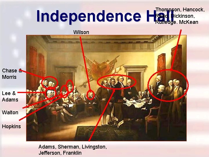 Thompson, Hancock, Read, Dickinson, Rutledge. Mc. Kean Independence Hall Wilson Chase & Morris Lee