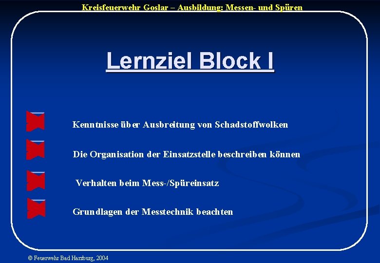 Kreisfeuerwehr Goslar – Ausbildung: Messen- und Spüren Lernziel Block I Kenntnisse über Ausbreitung von