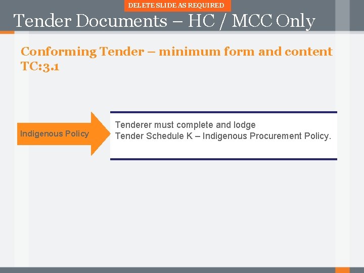 DELETE SLIDE AS REQUIRED Tender Documents – HC / MCC Only Conforming Tender –