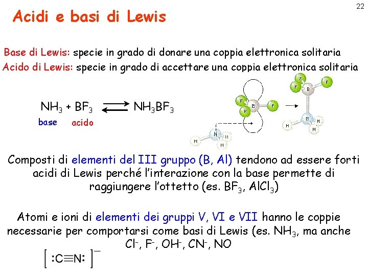 Acidi e basi di Lewis 22 Base di Lewis: specie in grado di donare