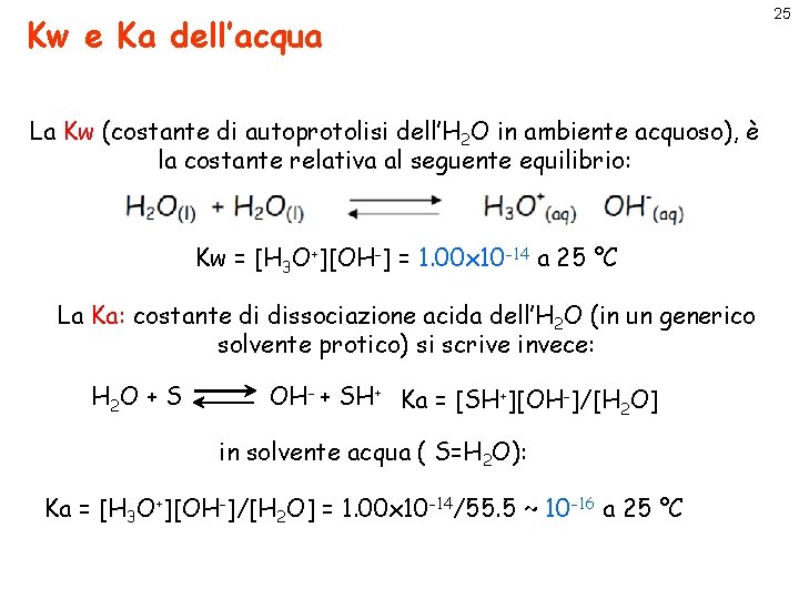 Kw e Ka dell’acqua La Kw (costante di autoprotolisi dell’H 2 O in ambiente