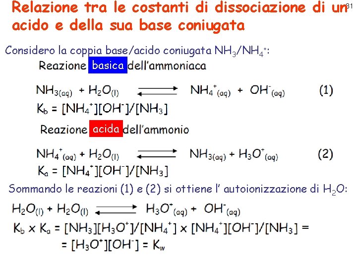 Relazione tra le costanti di dissociazione di un 31 acido e della sua base