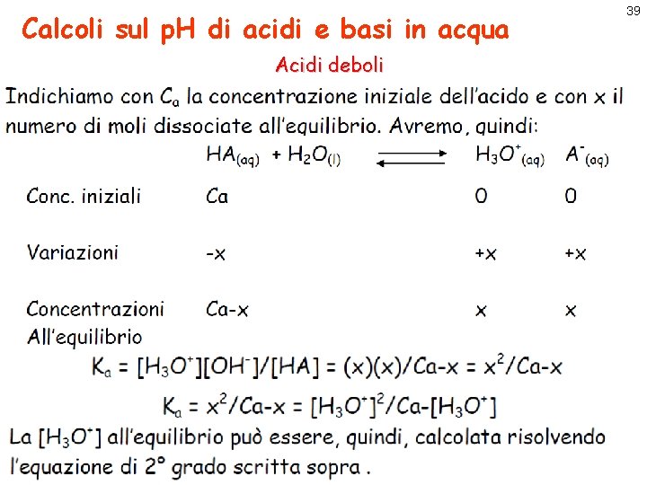 Calcoli sul p. H di acidi e basi in acqua Acidi deboli 39 
